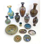 A quantity of Oriental cloisonne items to include a vase with phoenix bird and dragon detail, a vase