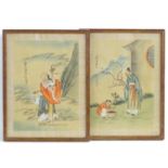 A pair of Chinese watercolours, one depicting an elder with scrolls in a landscape with a crane, the