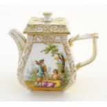 A Continental teapot of small proportions, with panelled decoration depicting couples in landscapes,