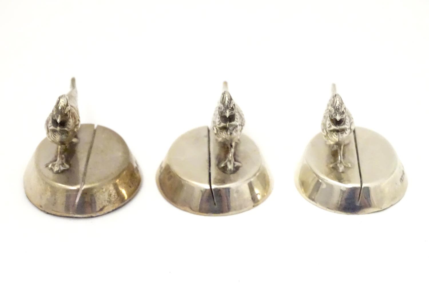 Three silver table place card / menu holders formed as pheasants. Hallmarked London 1930 maker - Image 6 of 7