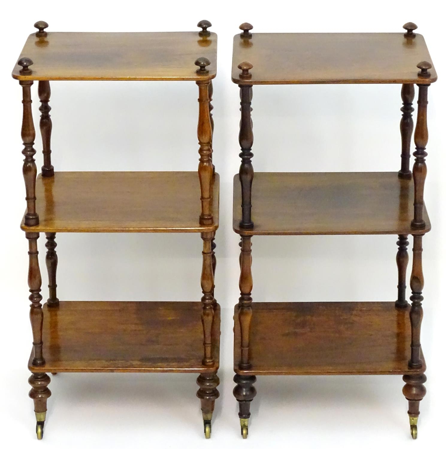 A pair of regency rosewood whatnots with turned finials to the tops and three tiers united by turned - Image 11 of 15