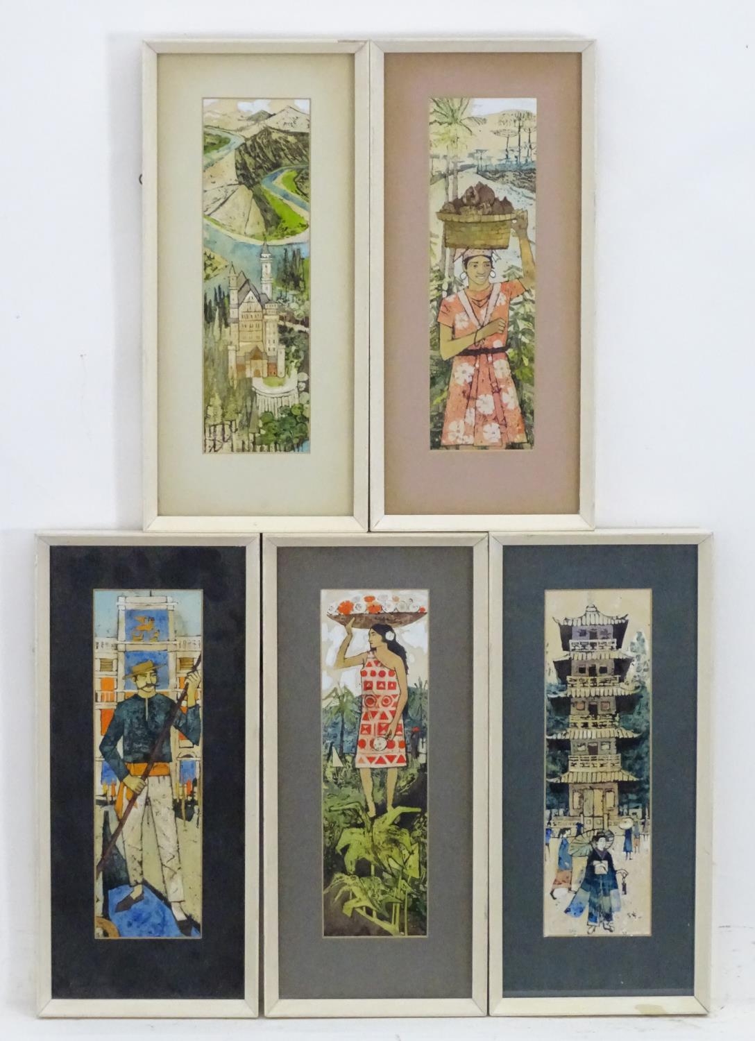 20th century, Overpainted prints, Five various scenes to include a Venetian gondolier, a Japanese