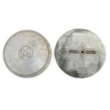 Vintage cars, motoring: two mid-20thC aluminium hub caps, with Vauxhall and Morris insignia, each