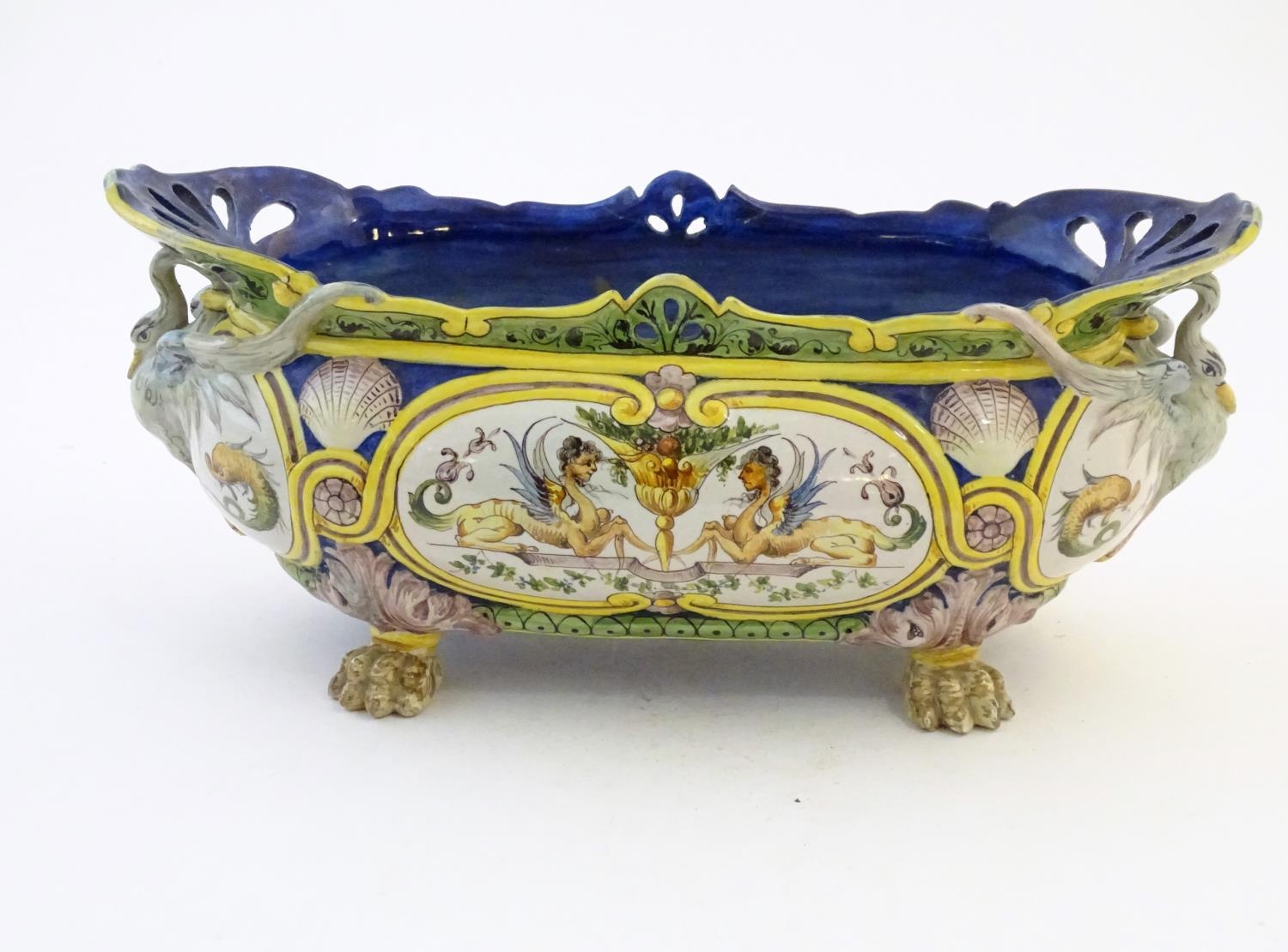 An Italian faience planter of oblong form on claw feet with panelled grotesque decoration - Image 7 of 13