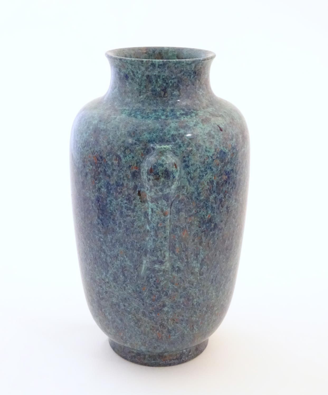 A Chinese vase with moulded twin handles and speckled detail. Impressed character marks under. - Image 5 of 18