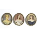 Three late 19th / early 20thC Continental portrait miniature over painted prints, each depicting a