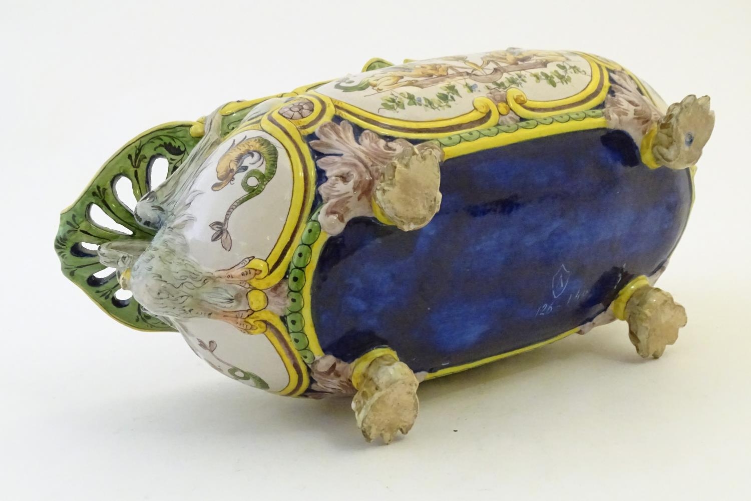 An Italian faience planter of oblong form on claw feet with panelled grotesque decoration - Image 12 of 13