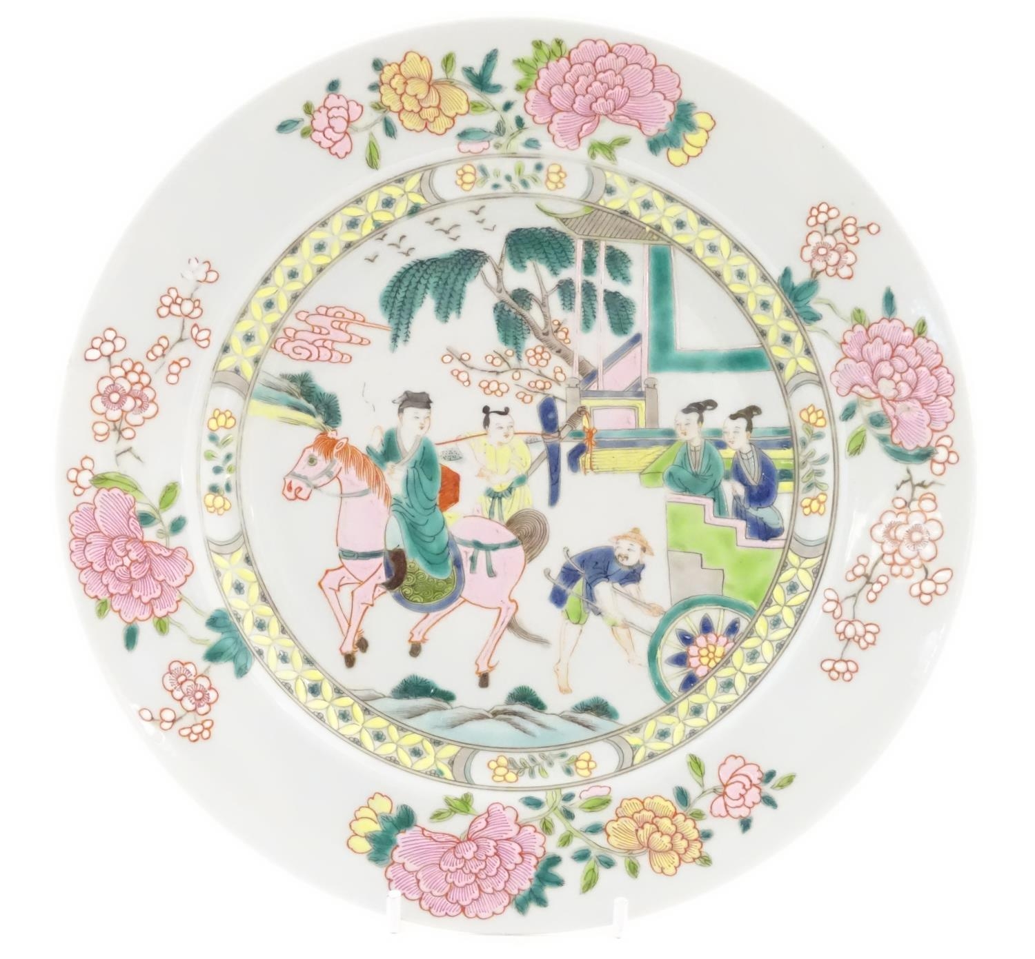 A Chinese famille rose plate depicting a landscape scene with a figure on horse back with an - Image 7 of 12