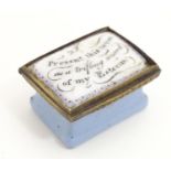 A 19thC Bilston enamel snuff / pill box, the lid decorated with the motto I Present this to you as a