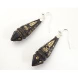 A pair of drop earrings, the drops with inlaid piquet work style decoration. Approx. 1 1/2" long