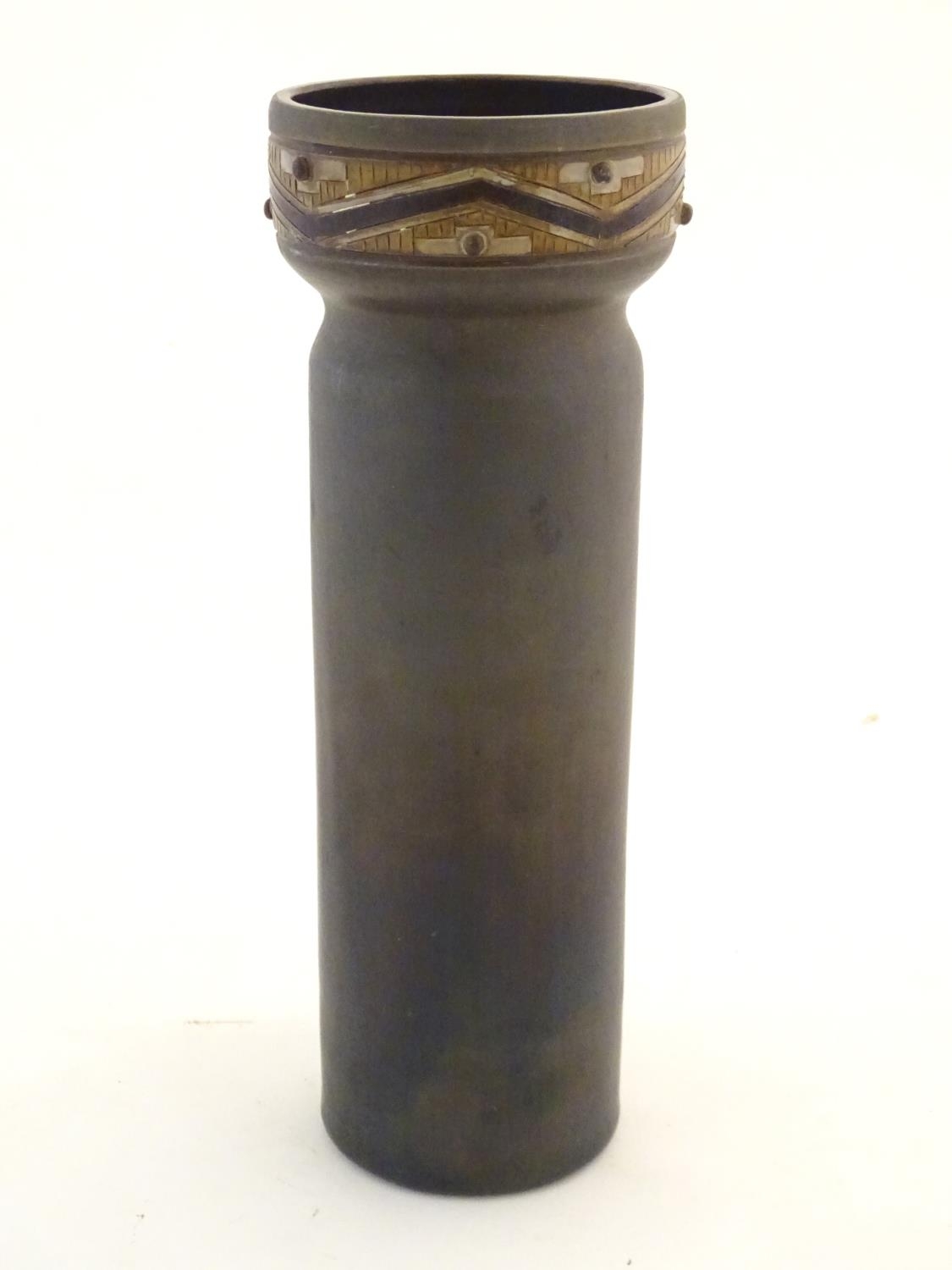 A tall studio pottery vase of cylindrical form with banded decoration to the rim. Incised mark - Image 5 of 6