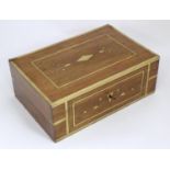 A Victorian mahogany box with brass banding and scrolling brass inlay. Approx. 4 1/2" x 12 1/4" x