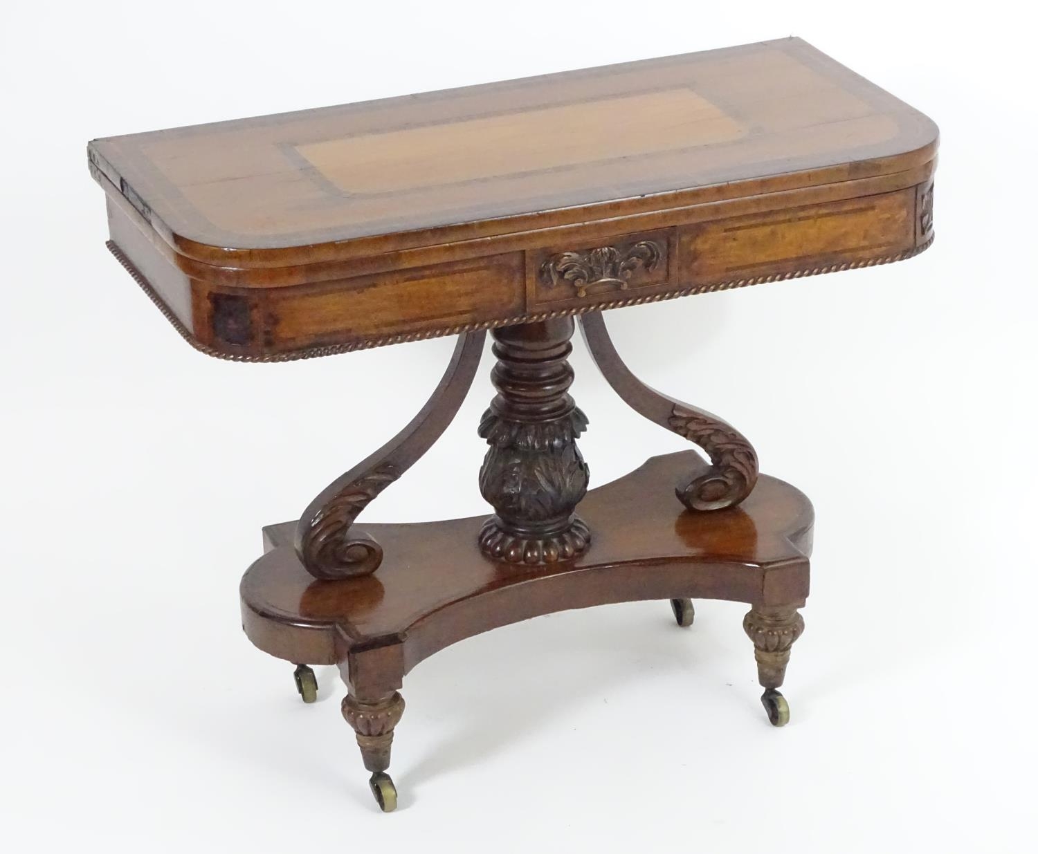 An early / mid 19thc Scottish platform card table with a mahogany and rosewood crossbanded top, - Image 2 of 10