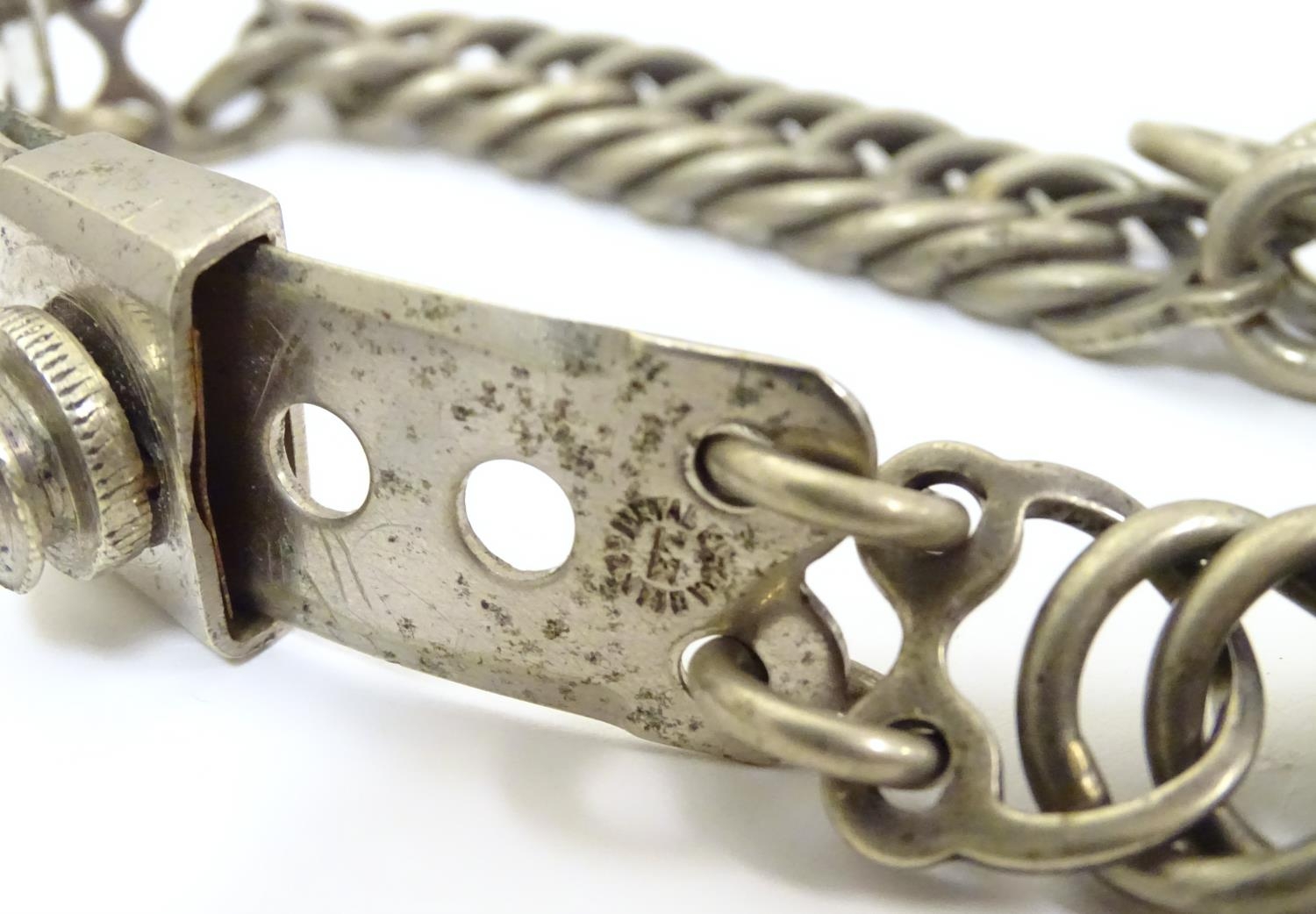 A French silver plate dog collar with chain links, adjustable clasp and engraved owner plaque. - Image 7 of 7