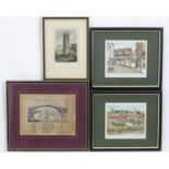 Four assorted prints to include two engravings comprising Probus Church, Cornwall, engraved by W.