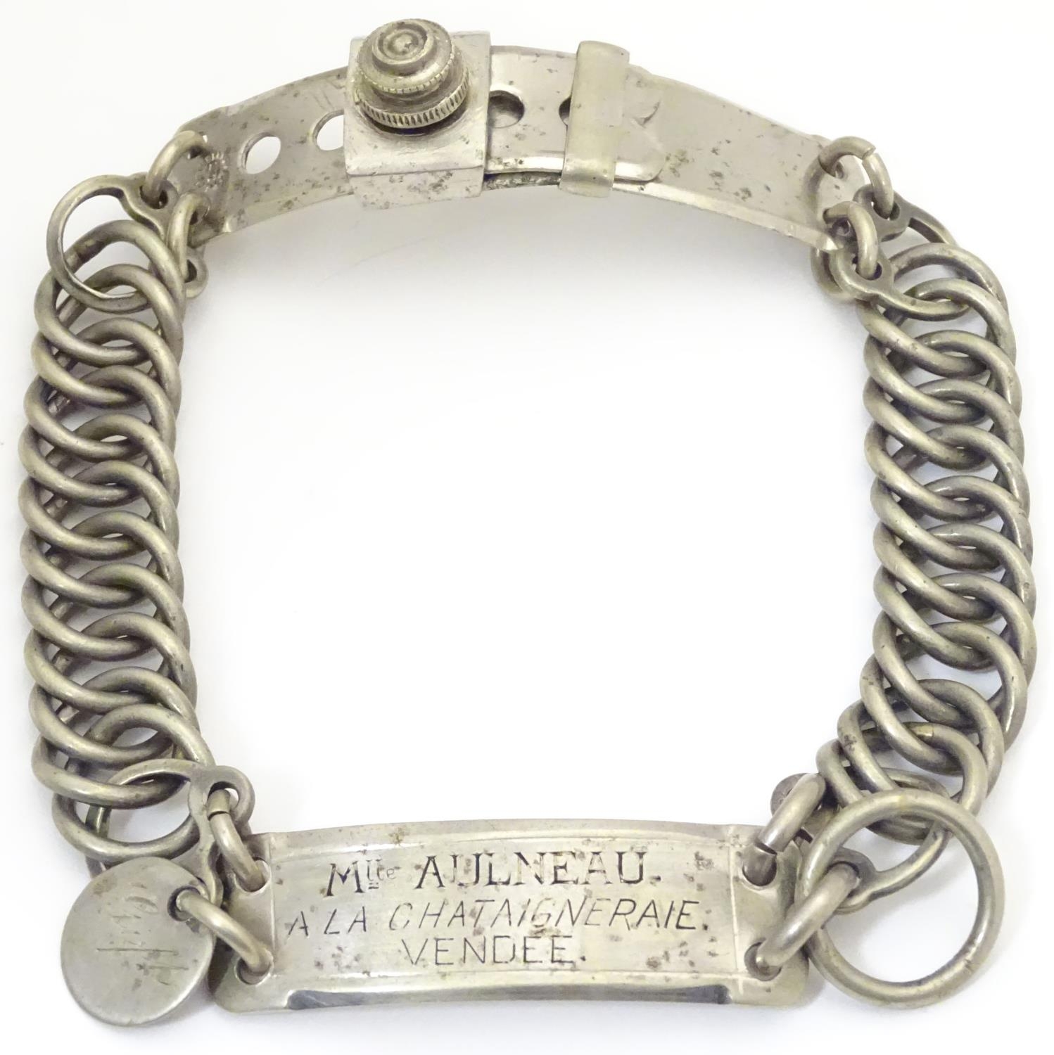 A French silver plate dog collar with chain links, adjustable clasp and engraved owner plaque. - Image 3 of 7