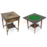 An early 20thC envelope card table with a marquetry inlaid top and frame, opening to show a baize