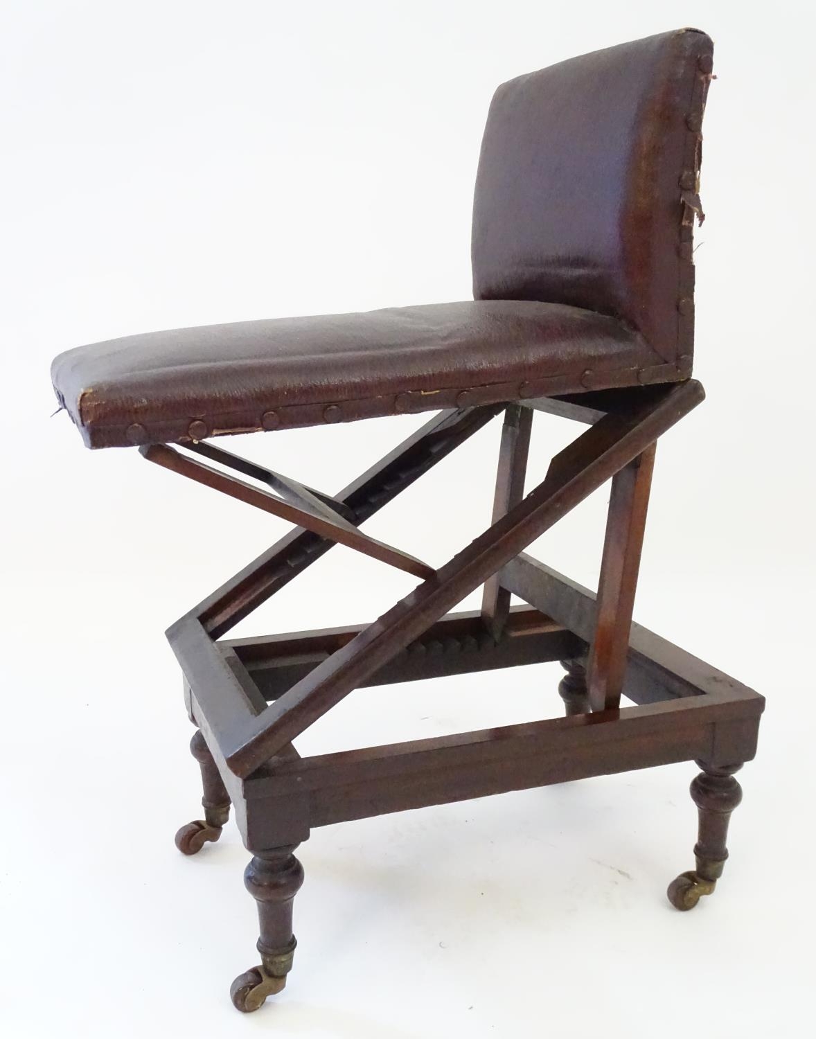 A late 19thC mahogany adjustable gout stool with leather upholstery and studded detailing, - Image 6 of 12
