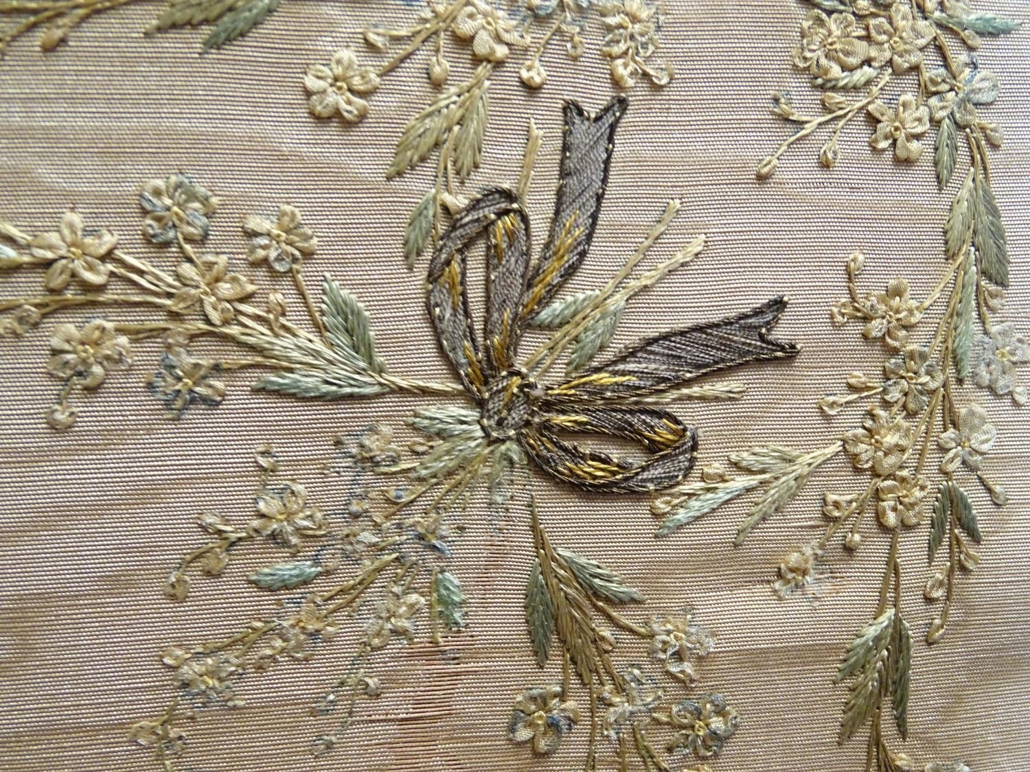 An early 19thC silk needlework with fine floral decoration, bows, swags and a woven basket in a - Image 3 of 10