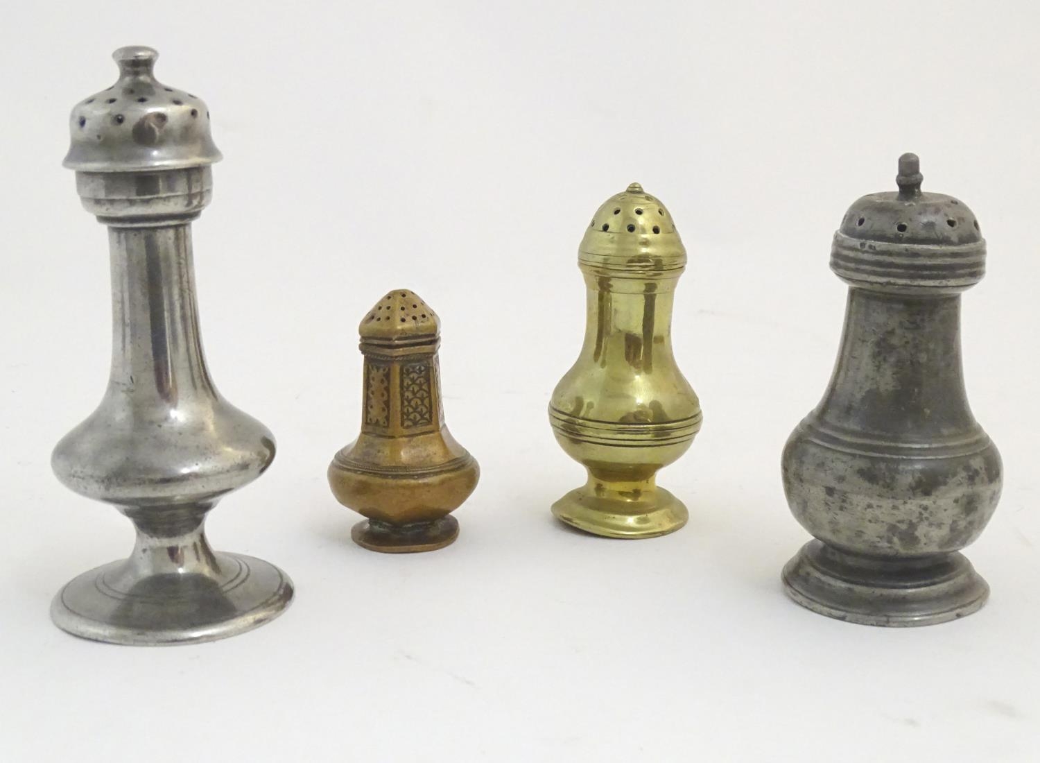 Four assorted 18thC casters to include brass and pewter examples etc. The largest approx 5 1/4" high - Image 9 of 12