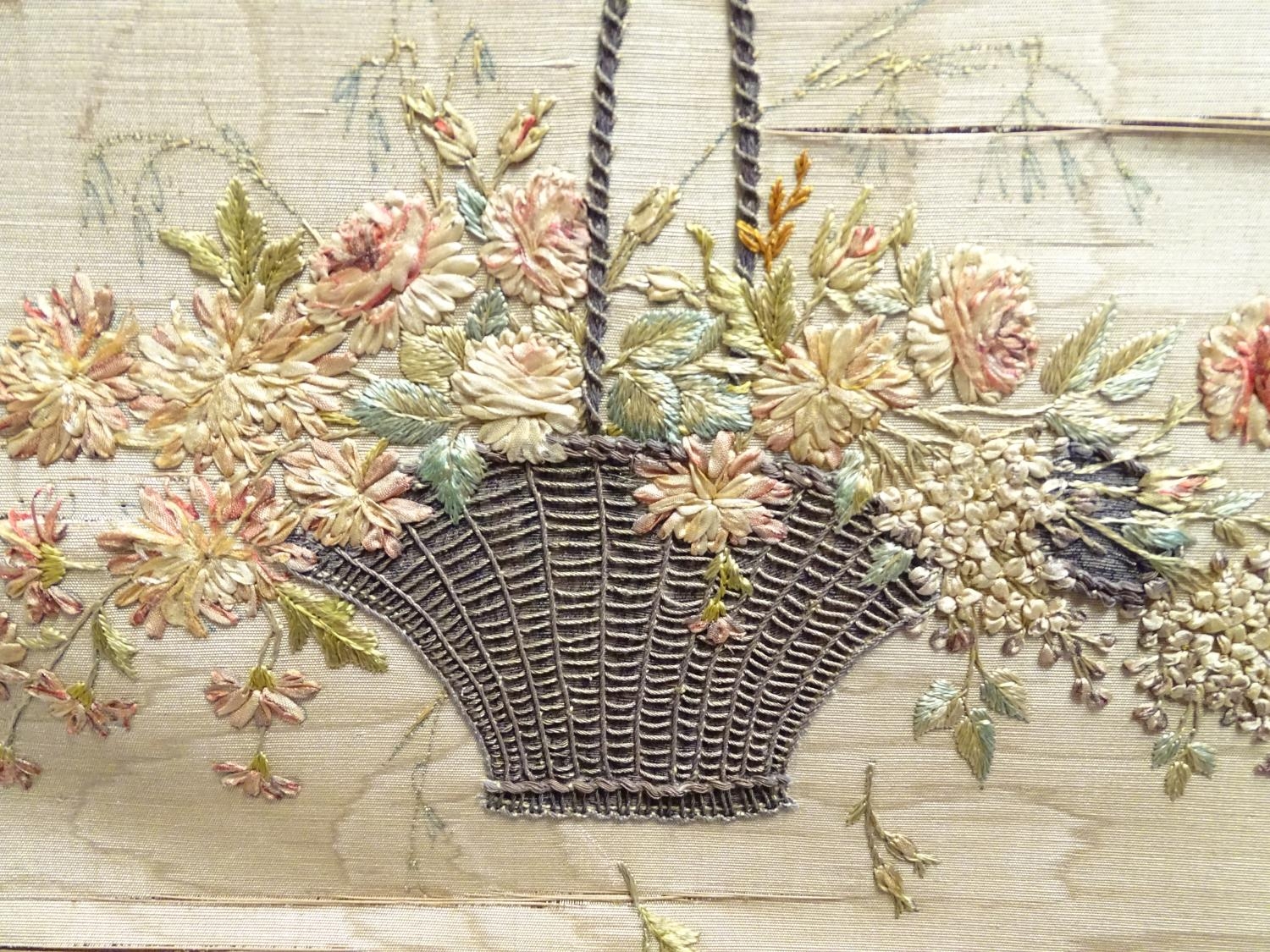 An early 19thC silk needlework with fine floral decoration, bows, swags and a woven basket in a - Image 10 of 10