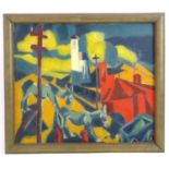 Hugo Landheer (1896-1995), Dutch School, Oil on canvas, Donkeys in a townscape, possibly Schiedam.