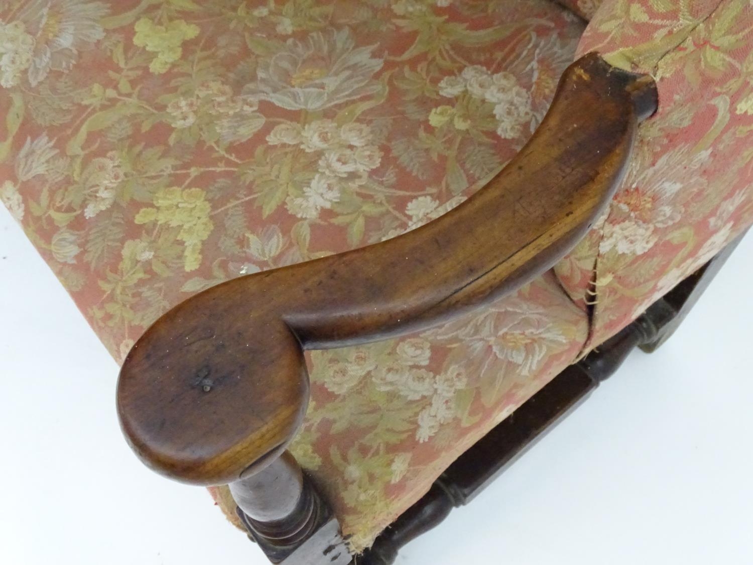 A mid 18thC wingback sofa with scrolled arms and an upholstered backrest and seat above a - Image 8 of 12