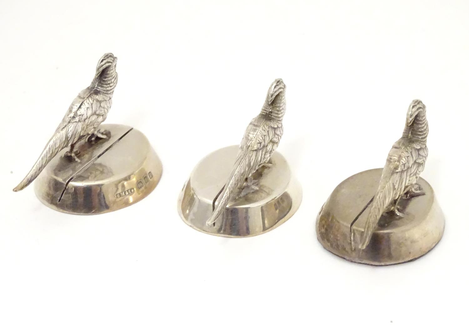 Three silver table place card / menu holders formed as pheasants. Hallmarked London 1930 maker - Image 7 of 7