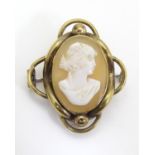 A cameo brooch , the central classical cameo within a gilt metal mount. The whole 1 1/4" high Please