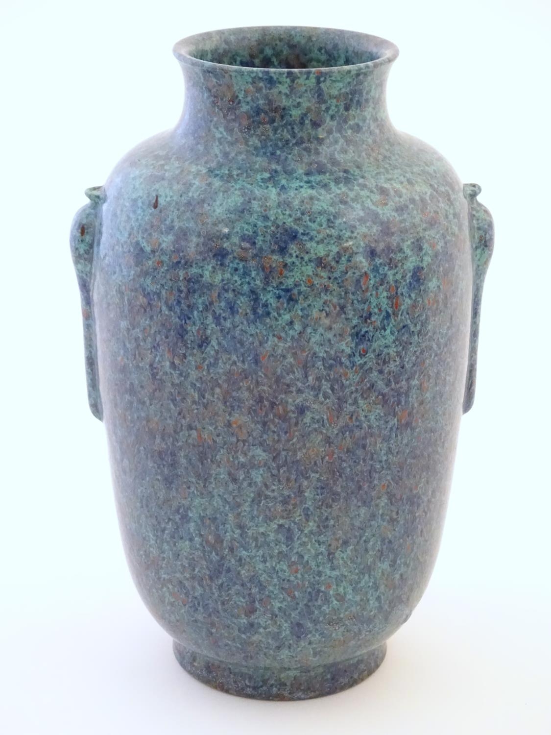 A Chinese vase with moulded twin handles and speckled detail. Impressed character marks under. - Image 3 of 18