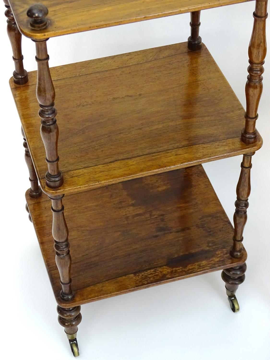 A pair of regency rosewood whatnots with turned finials to the tops and three tiers united by turned - Image 8 of 15