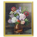 Rayson, Oil on board, A still life with flowers in a copper jug. Signed lower right. Approx. 23 1/2"