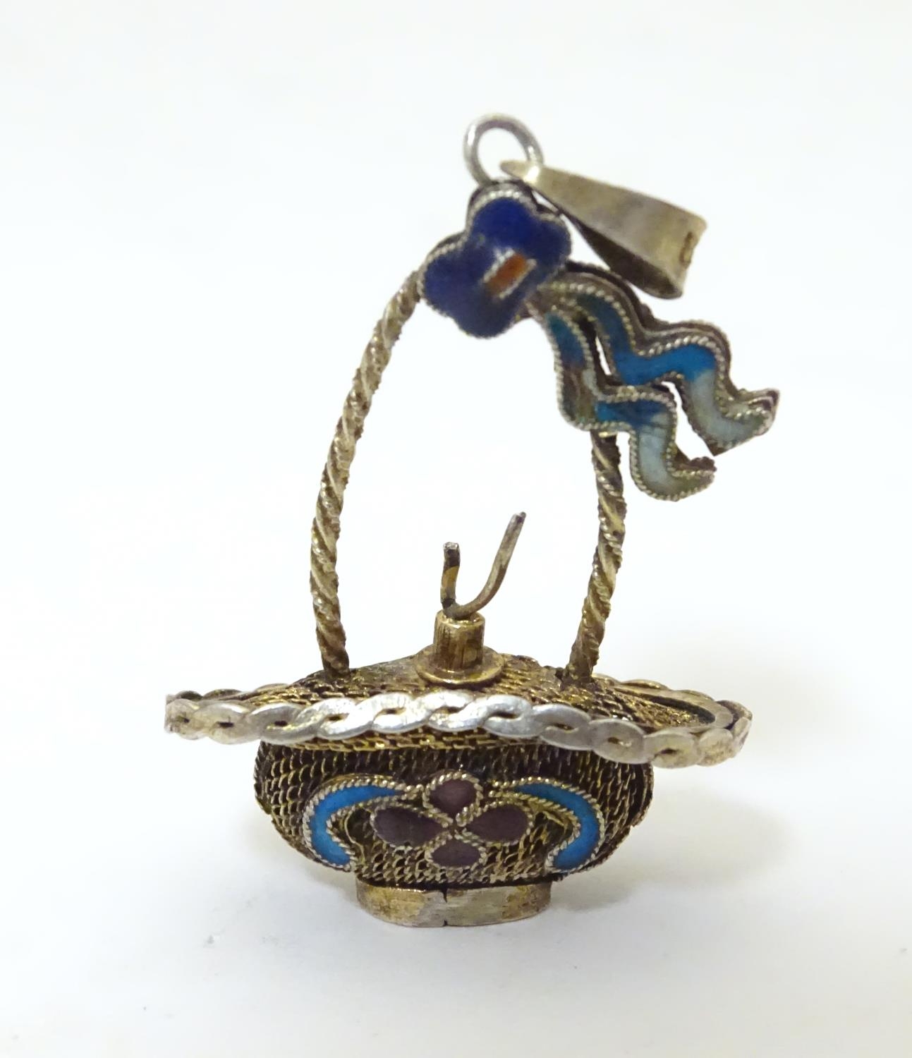 A white metal pendant of basket form with filigree style detail and enamel decoration. Approx. 1 1/ - Image 2 of 6