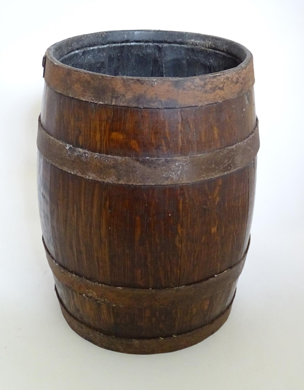 A 20thC coopered oak basket converted from a pin ale barrel, 12 1/2'' tall Please Note - we do not - Image 6 of 12