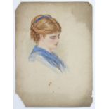 F. R. Stock, Early 20th century, Watercolour, A portrait of a young lady with a blue ribbon in her