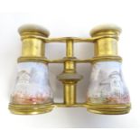 19thC Continental gilt metal opera / theatre glasses with mother of pearl eye pieces and hand