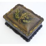 A Victorian workbox / sewing box with papier mache cushion top lid with hand painted floral and