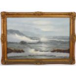 Young, 20th century, Oil on canvas, A seascape with crashing waves and flying sea gulls. Signed