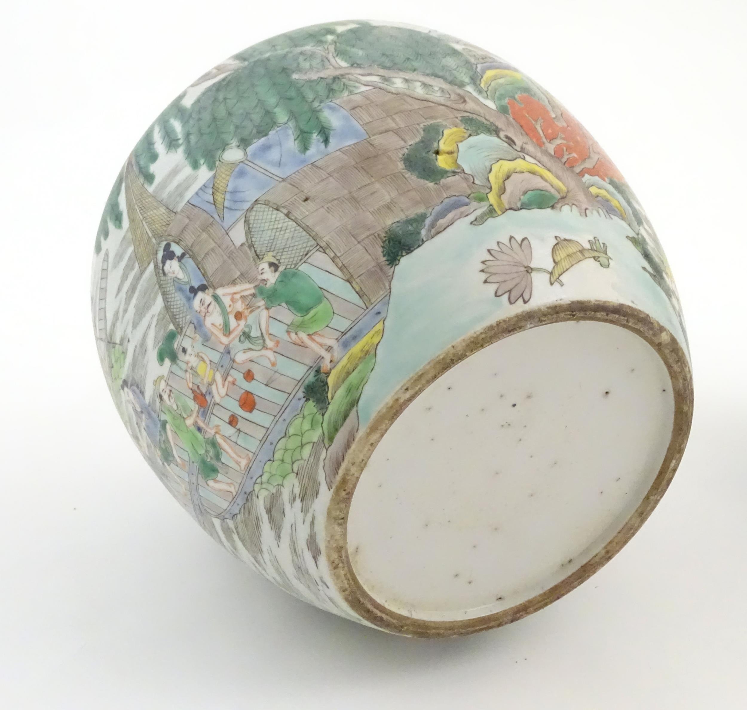 A Chinese ginger jar depicting a wooded river scene with figures on boats, to include men, women, - Image 8 of 8