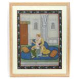 20th century, Indian School, Watercolour and gouache, Lovers seated upon cushions in a temple