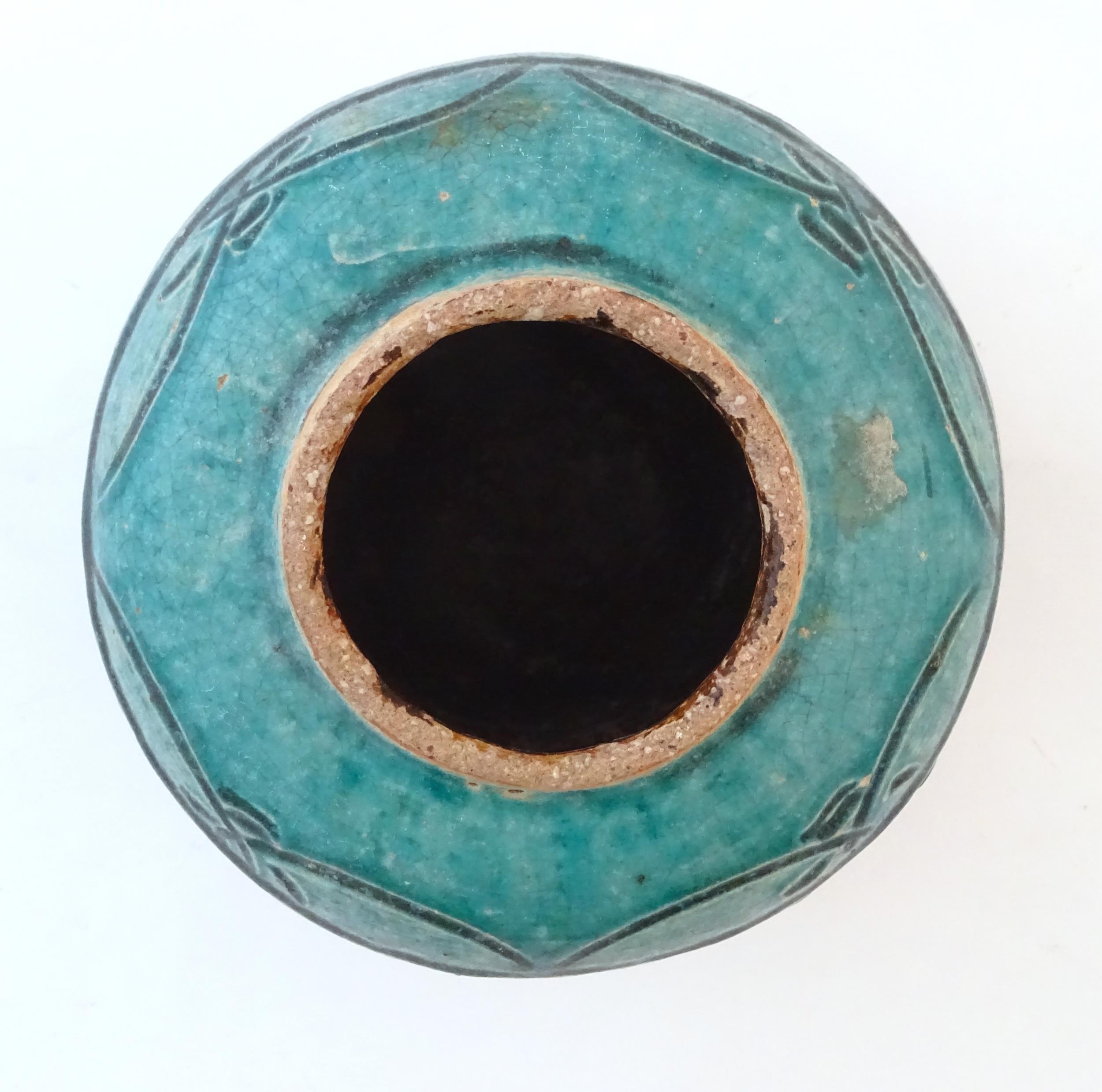 A Chinese ginger jar / vase with a turquoise glaze and character mark decoration. Approx. 7 1/2" - Image 11 of 11