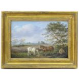 19th century, English School, Oil on board, The Field Worker's Rest, Two horses and a gentleman