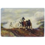 19th century, English School, Oil on board, The Passing Train, Heavy horses ploughing a field as a