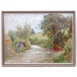 Ernest Walbourn, 20th century, Oil on card, A Hertfordshire Lane, A country lane with a cottage