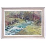 Susan Bishop, 20th century, Oil on canvas, A wooded river landscape. Signed lower right. Approx.