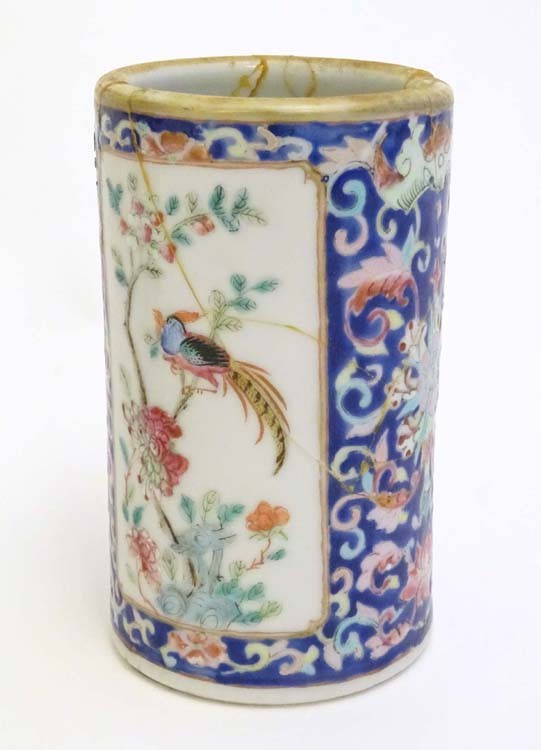 A Chinese vase with panelled peony and flower decoration. Together with a Chinese brush pot of - Image 8 of 9