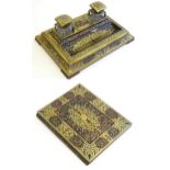 A Victorian Boulle work desk stand / ink standish, the twin square sectioned inkwells flanking a