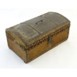 A 19thC pony skin cover dome topped travelling document box / trunk with studded leather edging, and