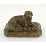 A salt glazed pottery model of a dog on a rectangular plinth. Approx. 5 3/4" x 9 1/2" Please