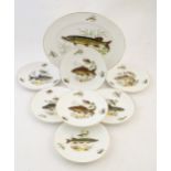 A quantity of Crown Staffordshire dishes, decorated with British coarse fish, comprising seven